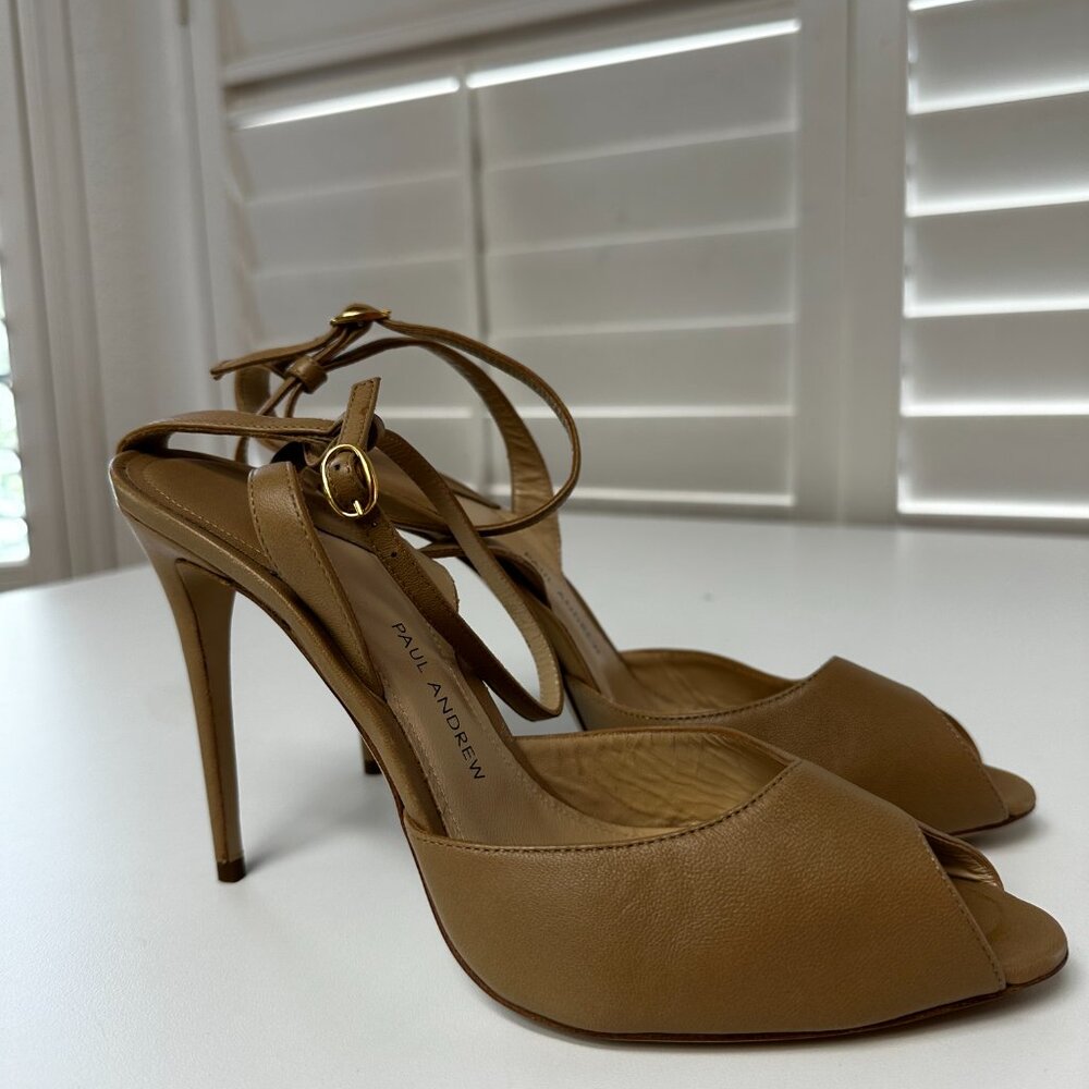 Paul Andrew Desert Tan Leather Peep Toe Ankle Strap Heels Sz 40 NWOT